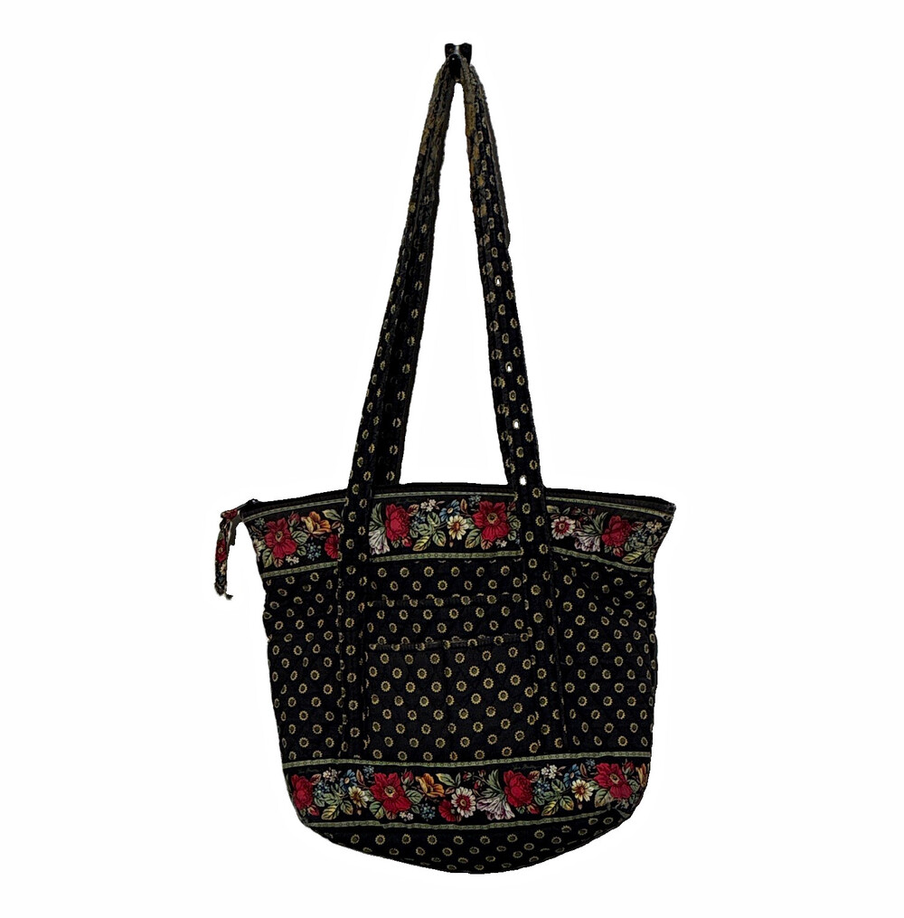 Vera Bradley Black Floral Quilted Tote Bag Zip Closure Lined Inner Pockets